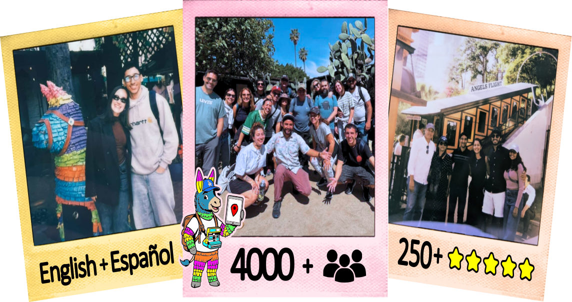 Polaroid Photo Set of Tourists at several stops on the free walking tour of downtown LA. The left polaroid has a happy couple in front of a donkey pinata statue at Placita Olvera. In the middle, a tour group of 4 is posing at Avila Adobe, the oldest house of Los Angeles. The right polaroid has a family of 6 posing in front of Angels Flight.