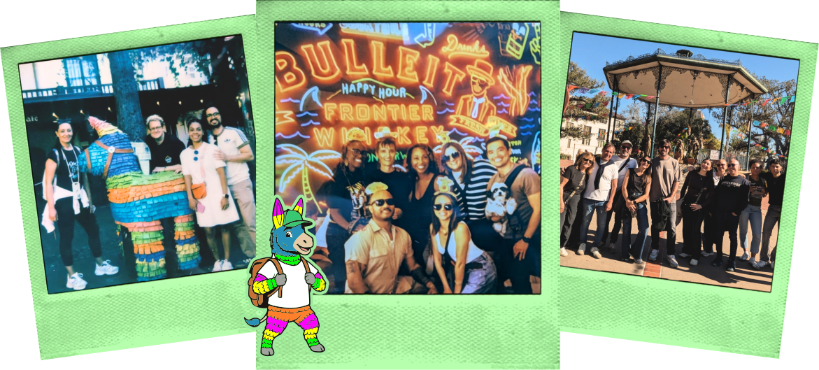Polaroid of a wellness walk at Grand Central Market. A group picture in front of the happy hour sign at Grand Central Market. A group of 7 people and 1 dog smiling in celebration of their friend's birthday.