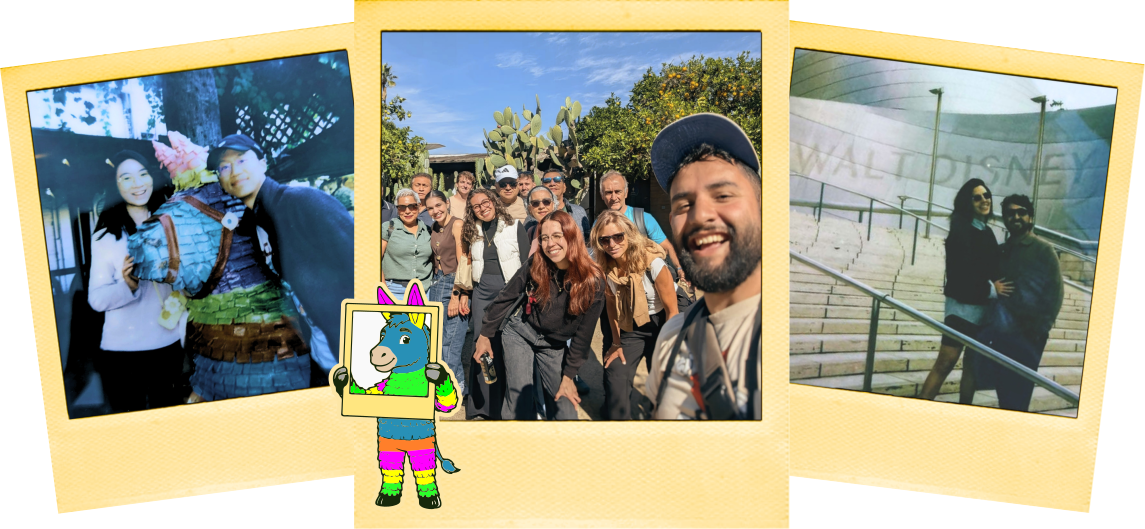 Polaroid Photo Set of Tourists at several stops on the free walking tour of downtown LA. The left polaroid has a happy couple in front of a donkey pinata statue at Placita Olvera. In the middle, a tour group of 4 is posing at Avila Adobe, the oldest house of Los Angeles. The right polaroid has a family of 6 posing in front of Angels Flight.